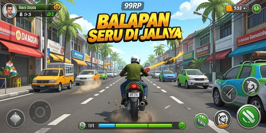 Tangkapan layar gameplay 99RP menampilkan balapan seru di jalanan kota.