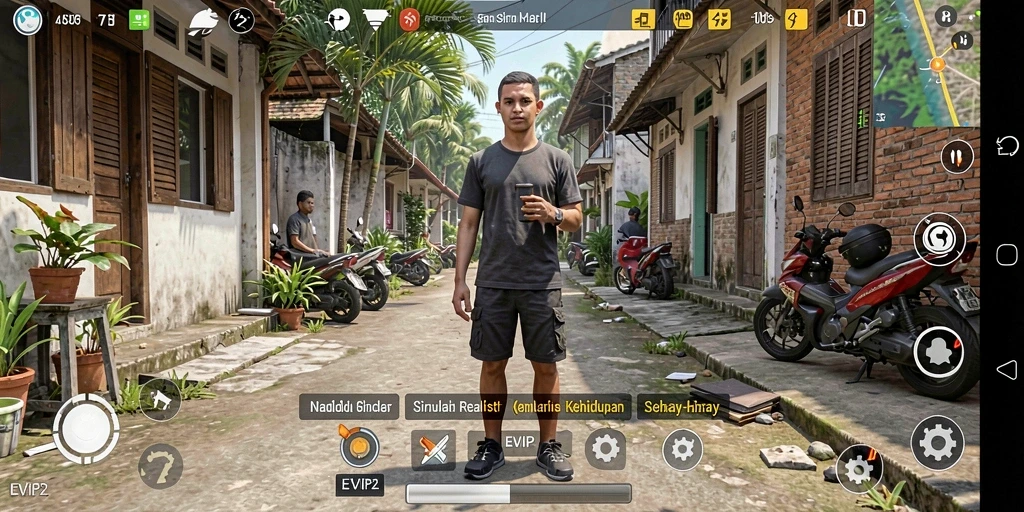 Tangkapan layar utama <strong>EVIP2</strong> menampilkan aktivitas sehari-hari karakter dalam simulasi yang realistis.