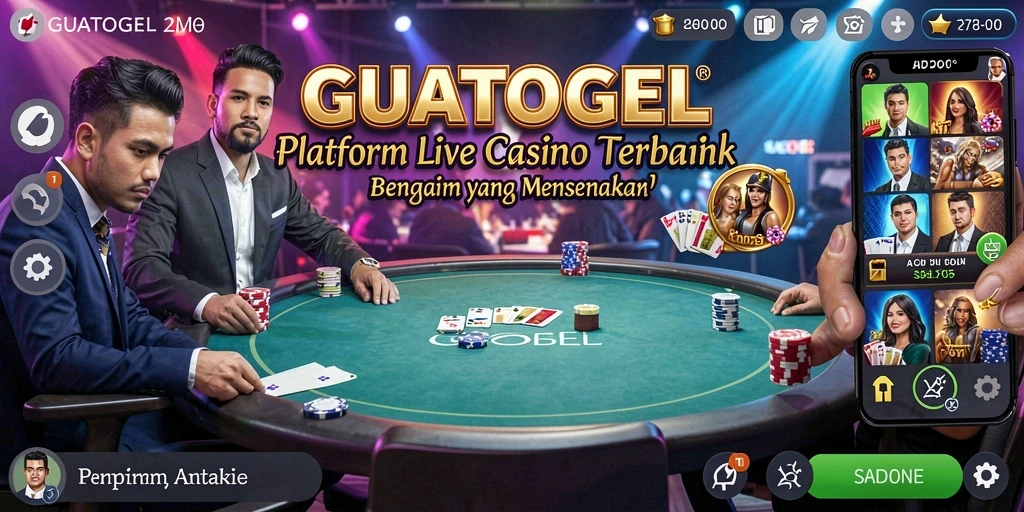 Tampilan permainan GUATOGEL dengan dealer profesional dan suasana casino yang nyata.