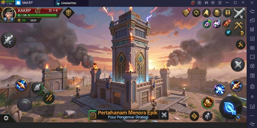 Tangkapan layar dari gameplay KAKRP yang menunjukkan berbagai menara dan musuh.