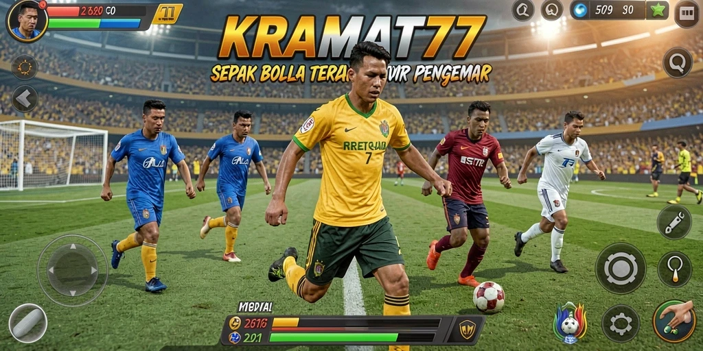 Tangkapan layar gameplay KRAMAT77 menampilkan aksi pertandingan sepak bola yang mendebarkan.