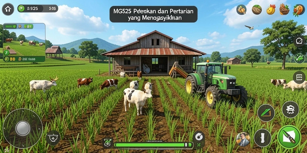 Tangkapan layar gameplay MG525 menunjukkan aktivitas pertanian yang menarik.