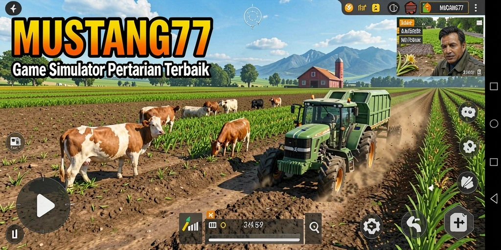 Screenshot utama menunjukkan gameplay bertani yang realistis dan interaktif.
