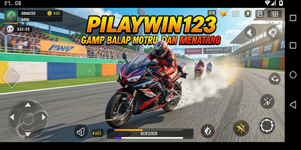 Screenshot gameplay PLAYWIN123 menampilkan aksi balap motor yang mendebarkan.