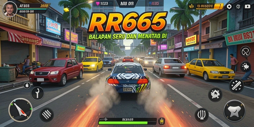 Screenshot gameplay RR666 menunjukkan aksi balap yang mendebarkan.