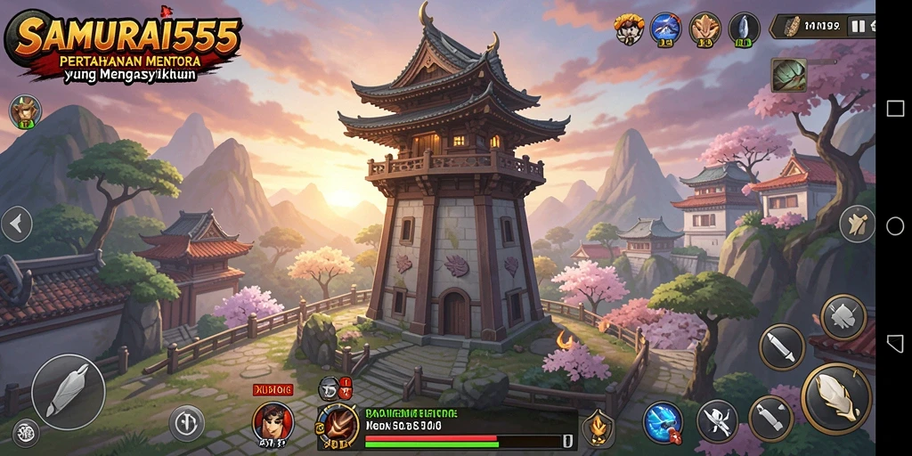 Screenshot gameplay SAMURAI555 yang mengasyikkan dengan pertahanan menara.