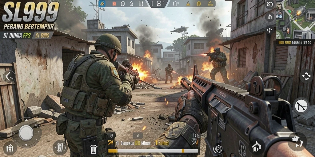 Screenshot gameplay SL999 menampilkan pertempuran seru dalam mode FPS.