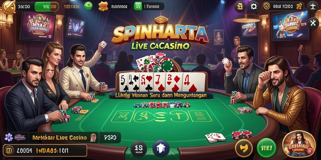 Screenshot utama SPINHARTA menampilkan dealer langsung dalam permainan kasino yang menarik.