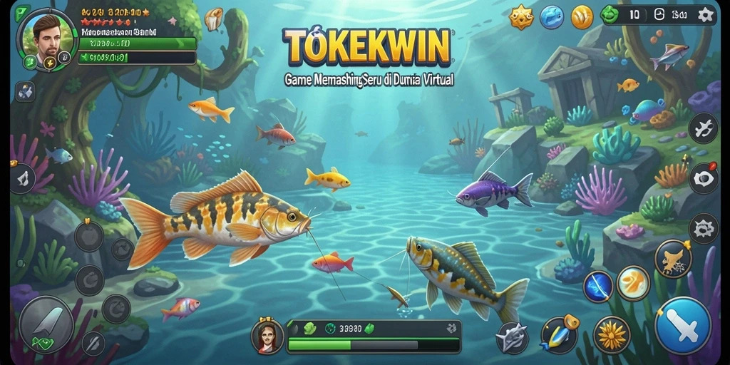 Gameplay TOKEKWIN menunjukkan aksi memancing yang mendebarkan di lingkungan yang cantik.