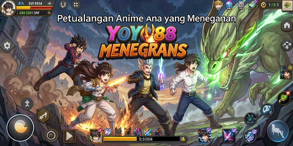 Screenshot gameplay menunjukkan karakter anime bertarung dengan latar belakang yang menarik.